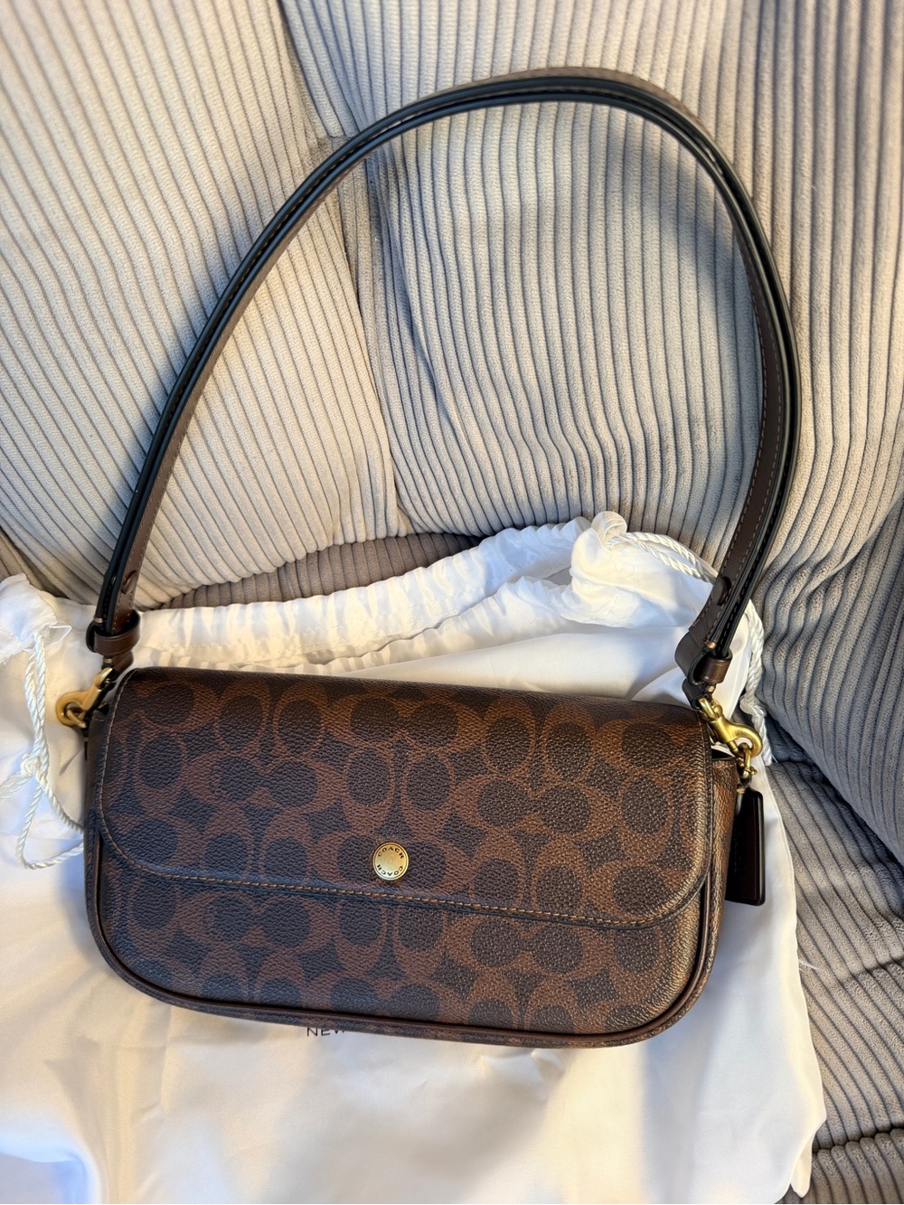 Coach Dark Brown Signature Canvas Shoulder Bag with Gold Hardware